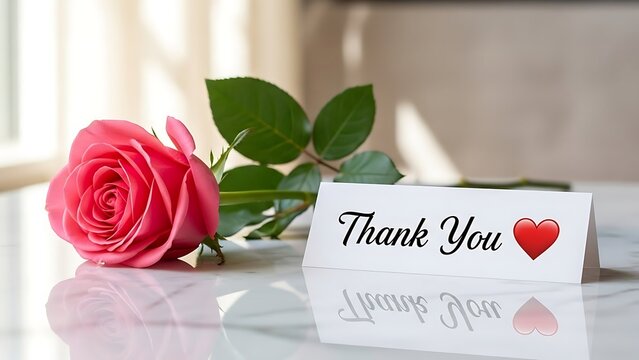 Elegant red rose and thank you card with heart emoji on reflective surface