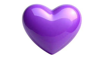 A 3D render of a glossy, purple heart shape, isolated on a black background, with highlights and gradients