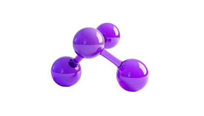 A 3D render of a glossy purple molecule on a black background. The interconnected spheres have highlights and reflections