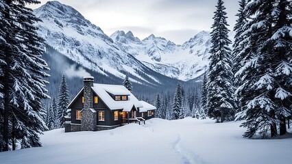 A cozy cabin with a snow covered roof nestled among evergreen trees in a serene mountainous landscape with a breathtaking snowy mountain range in the background