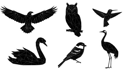 Fototapeta premium Geometric black bird illustrations eagle owl hummingbird swan sparrow and crane