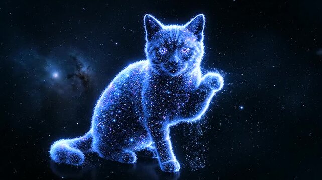 Futuristic Blue Cat Hologram in Outer Space with Stars.