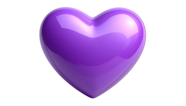 A 3D render of a glossy, purple heart shape, isolated on a black background, with highlights and gradients