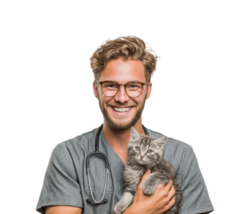 Veterinarian holding adorable kitten in professional portrait smiling veterinarian, isolated on transparent background, png