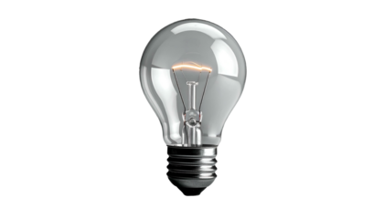 A 3D render of a light bulb. The light bulb is a pear shape with a metallic base. The filament glows
