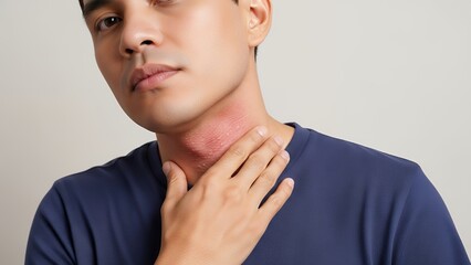 Young man touching red skin area on neck with signs of irritation