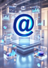 Glowing email symbol with floating digital data charts