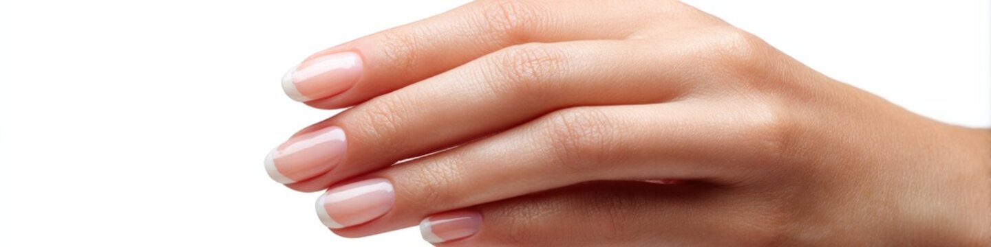 Close-up of female hand with natural manicure on white background