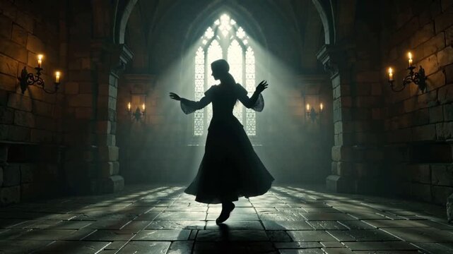 cinematic stock video medieval lady&rsquo;s shadow dancing gracefully large dark gothic ballroom, flickering candles. Emphasize elegant movement, shadows stretching stone floors, gothic windows drifting