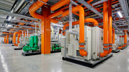 An industrial setting with large orange pipes and equipment including a green and white machine all under a metal framework