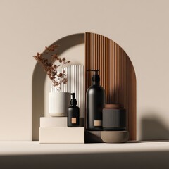 Product displays on beige steps with vase and backdrop elements