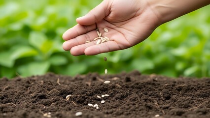 Hand scatters seeds over soil in garden during bright daylight
