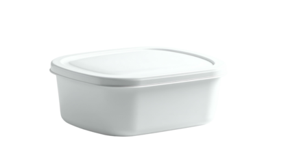 A 3D render of a white, rectangular plastic container with a matching lid, isolated against a black background