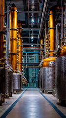An industrial setting with large copper stills likely used for distillation arranged in rows with pipes and valves connecting them