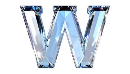 A 3D render of the letter "W", constructed from faceted, transparent, and icy-blue crystalline material, set against a stark black backdrop