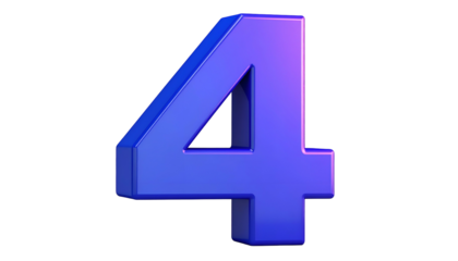 A 3D render of the numeral four. The object is rendered in a vibrant gradient of blue hues against a deep black background. Lighting creates soft highlights