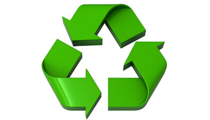 Obraz premium A 3D render of the universally recognized symbol for recycling, a set of three looping green arrows. The background is black