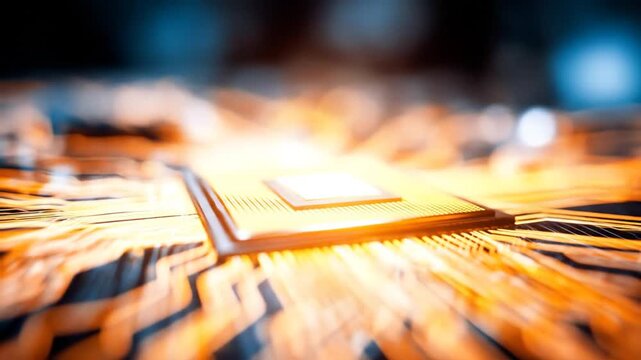 Close-up of a computer processor chip with golden connections over a blurred background
