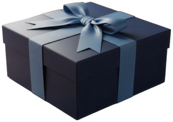 Isometric view of dark navy gift box with dusty blue satin ribbon and bow