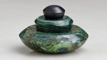 Stacked Green and Black Stone Sculpture on White Background.