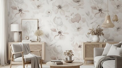 Bright and Airy Living Room with Soft Watercolor Floral Mural Wallpaper and Scandinavian Furniture