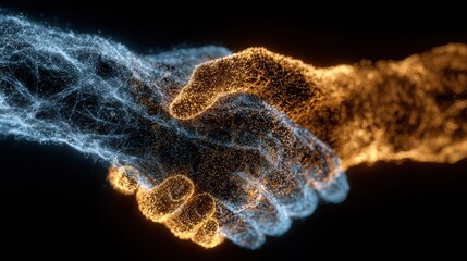 Digital Handshake Blue And Orange Dot Network Representing Technology Collaboration And Partnership