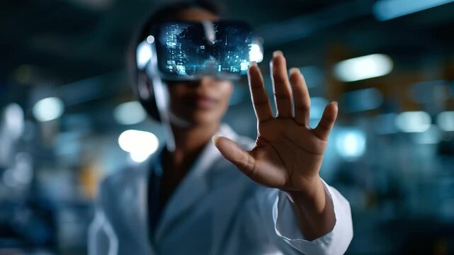 Virtual reality trainee immersed in digital simulation for industrial training faceless woman defocused future tech background professional education scene technological