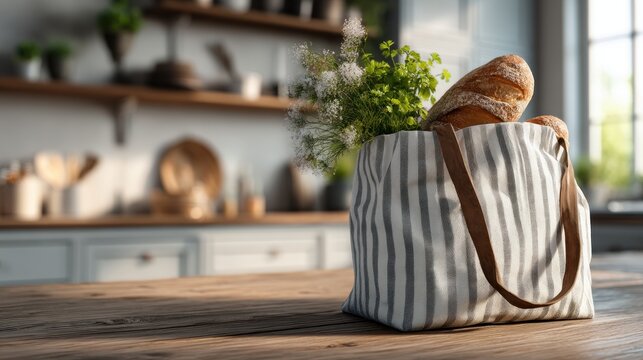 Grocery tote bag with bread and herbs
