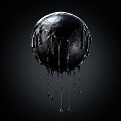 Black sphere dripping dark liquid, shiny and smooth