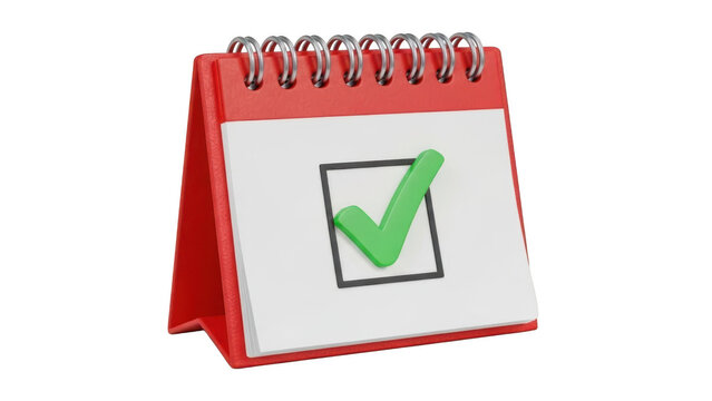 Red calendar with green check mark isolated on transparent background