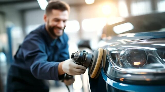 Professional detailer polishing vehicle with machine buffer faceless worker defocused garage background close up paint correction waxing process vehicle care maintenance
