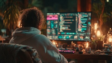 Focused coder immersed in complex programming on a vibrant, multi screen setup surrounded by lush plants and warm ambient lighting