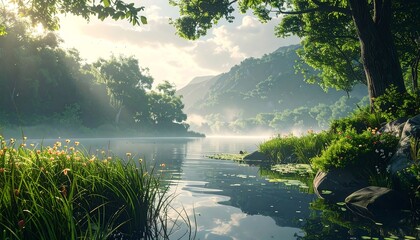 Serene Lake Scene with Lush Greenery and Mountains.