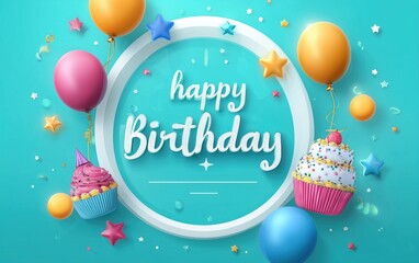 "Happy Birthday Celebration with Balloons, Cupcakes, and Stars on a Turquoise Background"