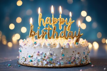 Golden Happy Birthday Candles on a Decorated Birthday Cake with Bokeh Lights in the Background