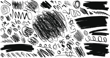 Collection of hand drawn black ink scribbles brush strokes and textures on white background