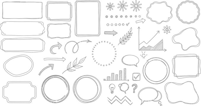 Set of hand drawn frames in coquette style, vector illustration. Cute borders for wedding invitation designs, menu or greeting cards.