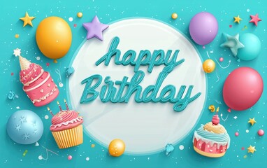 Colorful 3D Birthday Celebration Background with Cakes, Balloons and Stars