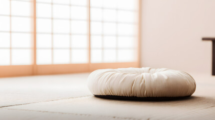 tatami. A meditation cushion on a tatami mat in a serene zen setting with natural lighting. wellbeing guides, coaching materials, designed for coaching and self-improvement content.
