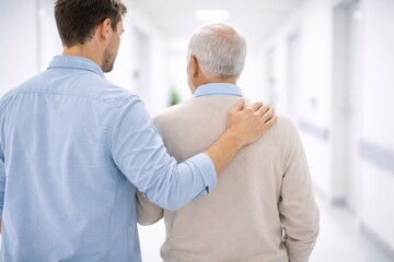 A Compassionate Moment Between Generations: A Supportive Individual Comforts an Elderly Man in a Bright Hospital Hallway