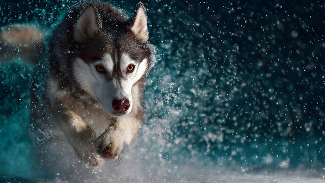 Husky puppy snow silhouette. Red and white Siberian Husky running through snow. Happy running husky sunlit background. Sakhalin husky, wolf in winter forest, huski silhouette. 