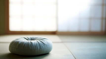 tatami. A meditation cushion on a tatami mat in a serene zen setting with natural lighting. wellbeing guides, coaching materials, designed for coaching and self-improvement content.