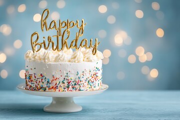 "White Birthday Cake with Gold Happy Birthday Topper and Colorful Sprinkles on a Turquoise Table with Bokeh Lights in Background"