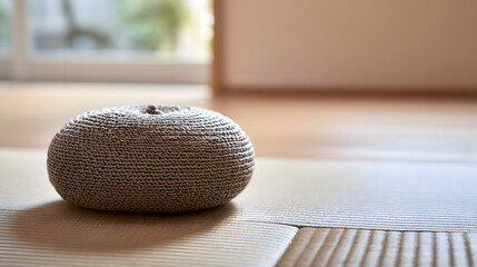tatami. A meditation cushion on a tatami mat in a serene zen setting with natural lighting. wellbeing guides, coaching materials, designed for coaching and self-improvement content.