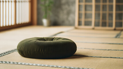tatami. A meditation cushion on a tatami mat in a serene zen setting with natural lighting. wellbeing guides, coaching materials, designed for coaching and self-improvement content.