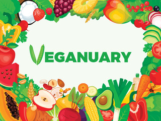 Veganuary frame with fruits and vegetables vector illustration. Veganuary annual challenge healthy food background border. Vegan food design. Template for background, banner, card