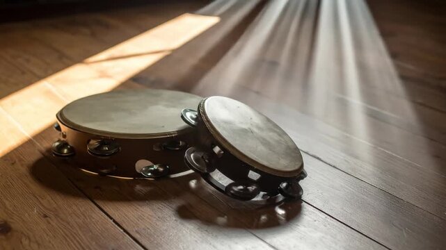 Two tambourines are illuminated by a beam of light on a wooden floor.