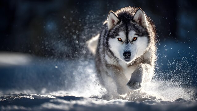 Husky puppy snow silhouette. Red and white Siberian Husky running through snow. Happy running husky sunlit background. Sakhalin husky, wolf in winter forest, huski silhouette. 