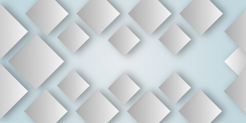 White empty square business card mockups with soft shadows lying diagonally on neutral light grey concrete background. 