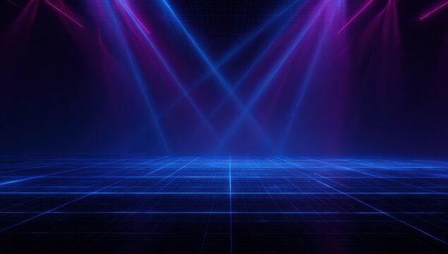 Neon blue and purple stage lights in empty dark room